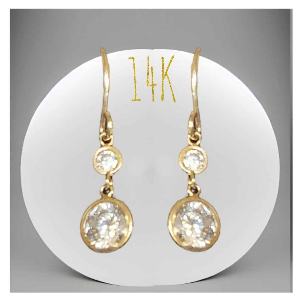 14K Solid Yellow Gold Dangle Double Drop CZ Earrings
